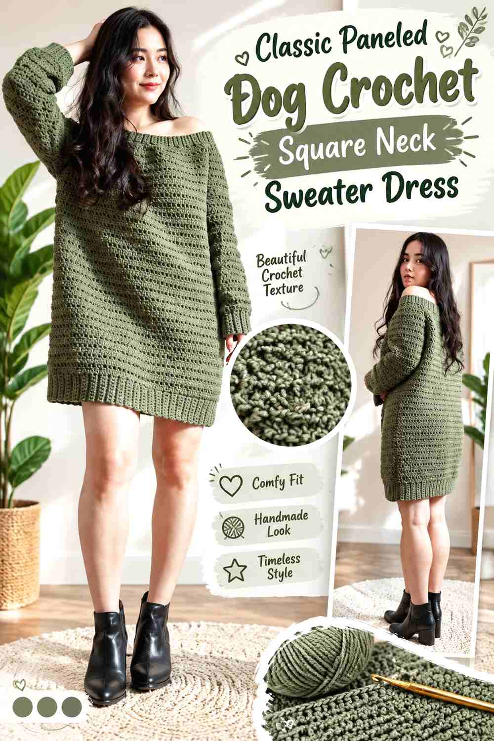 Classic Paneled Dog Crochet Square Neck Sweater Dress
