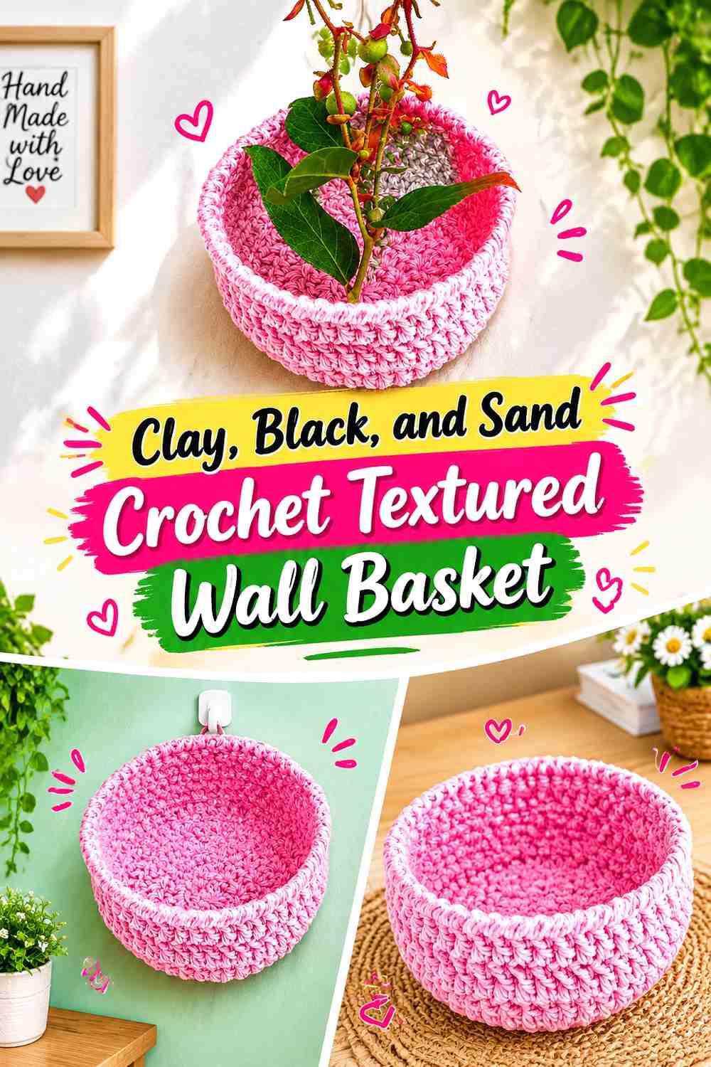 Clay, Black, and Sand Crochet Textured Wall Basket