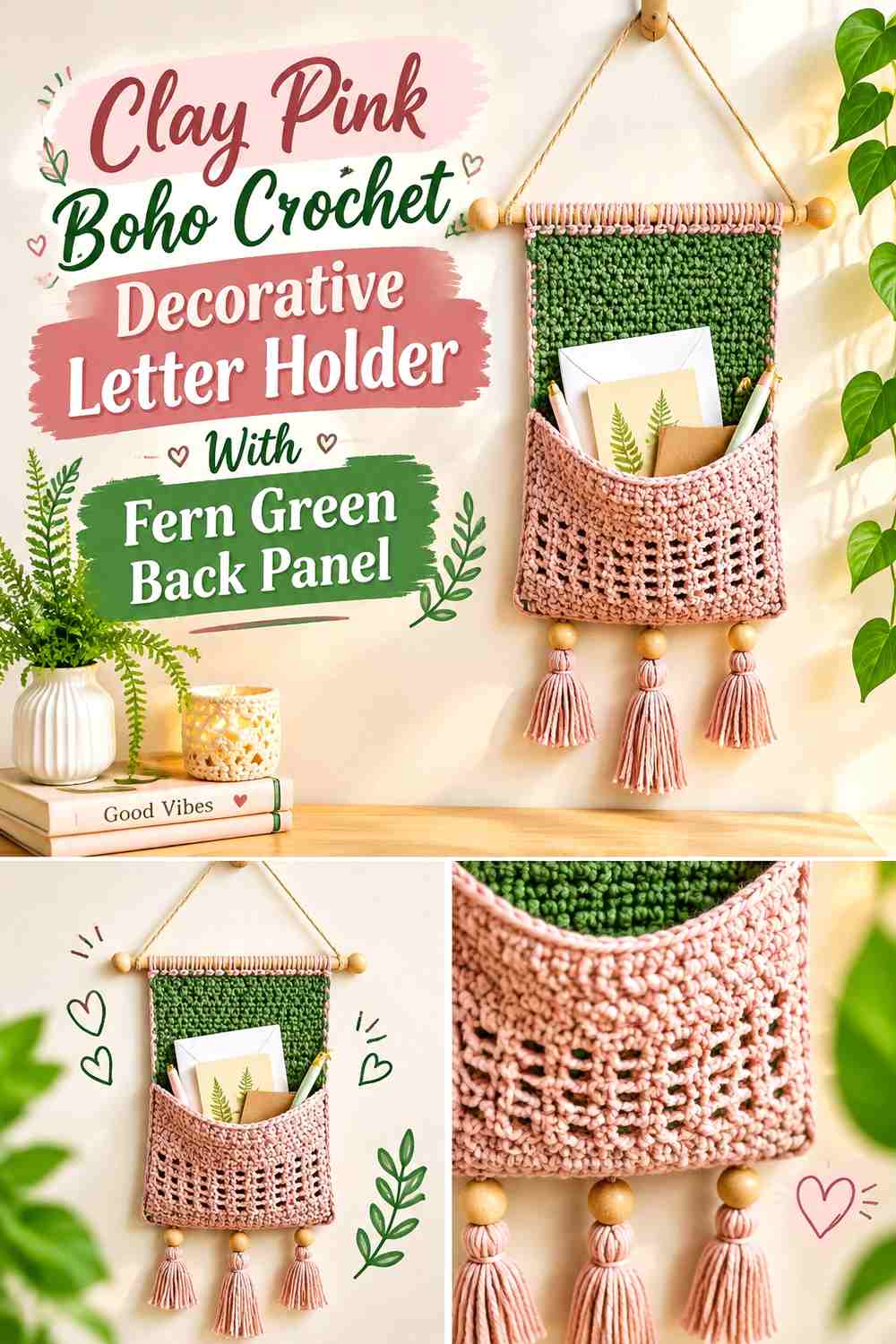 2. Clay Pink Boho Crochet Decorative Letter Holder With Fern Green Back Panel
