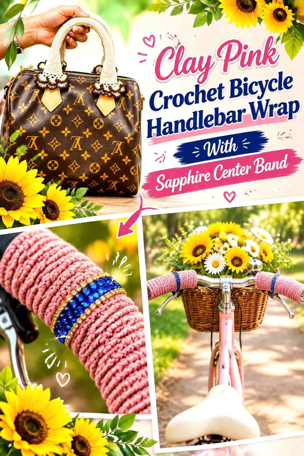2. Clay Pink Crochet Bicycle Handlebar Wrap With Sapphire Center Band