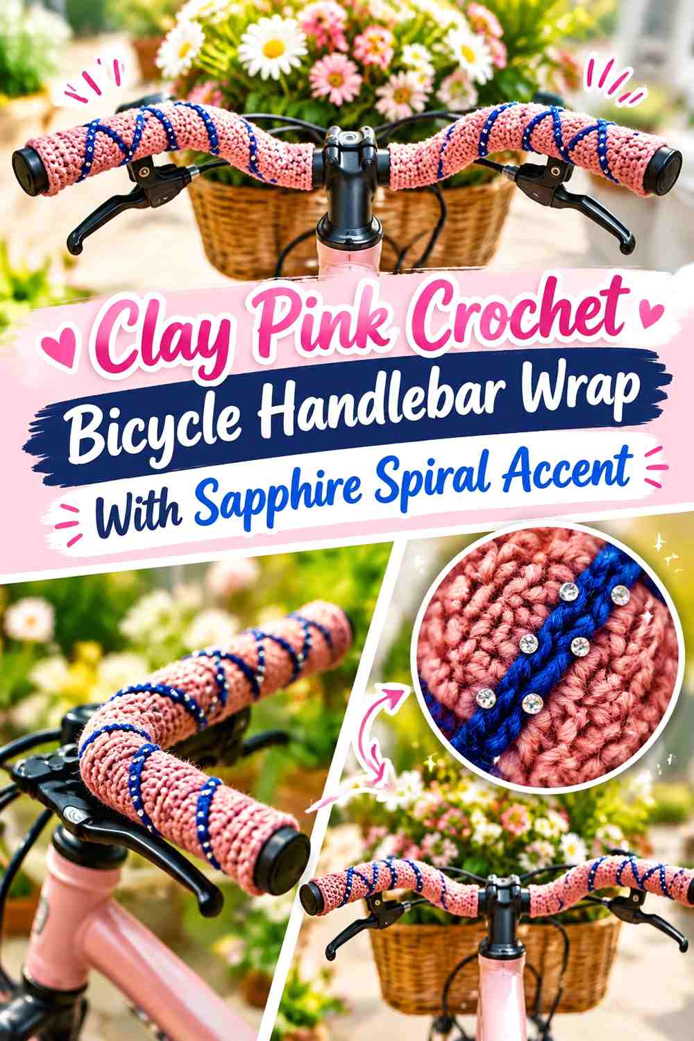 7. Clay Pink Crochet Bicycle Handlebar Wrap With Sapphire Spiral Accent