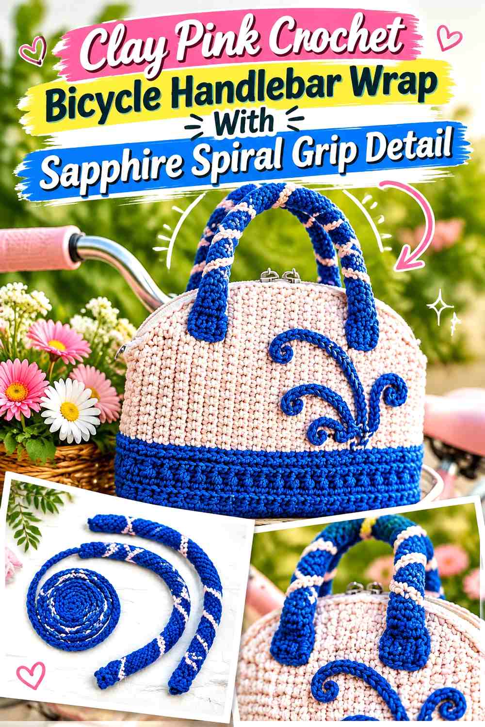 12. Clay Pink Crochet Bicycle Handlebar Wrap With Sapphire Spiral Grip Detail