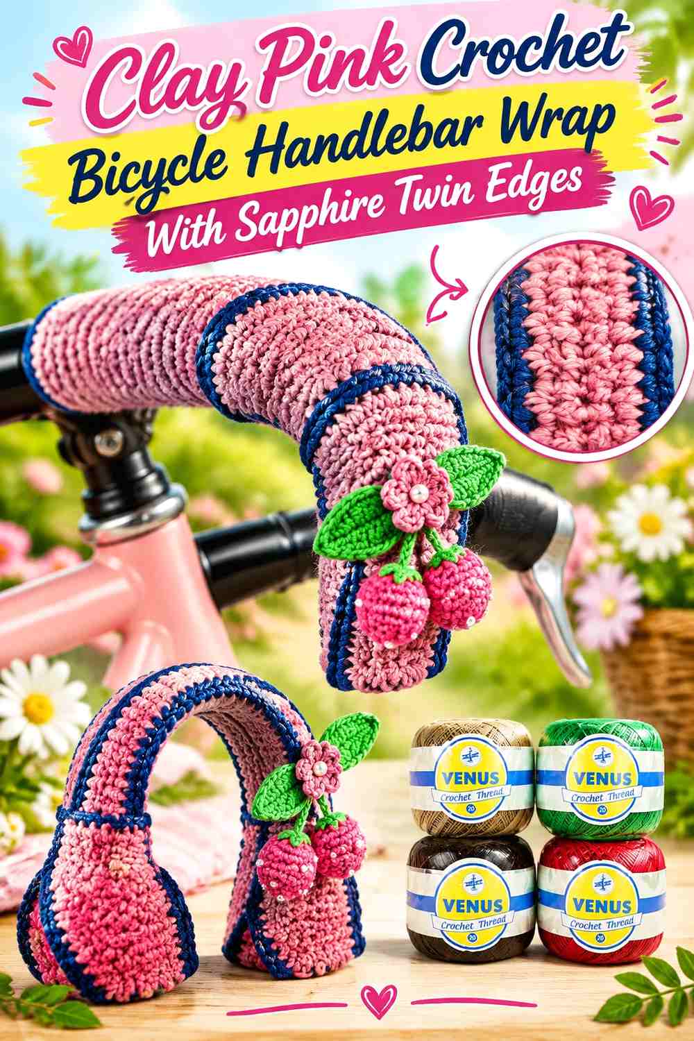 5. Clay Pink Crochet Bicycle Handlebar Wrap With Sapphire Twin Edges