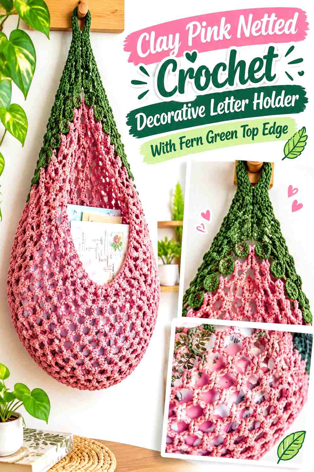12. Clay Pink Netted Crochet Decorative Letter Holder With Fern Green Top Edge
