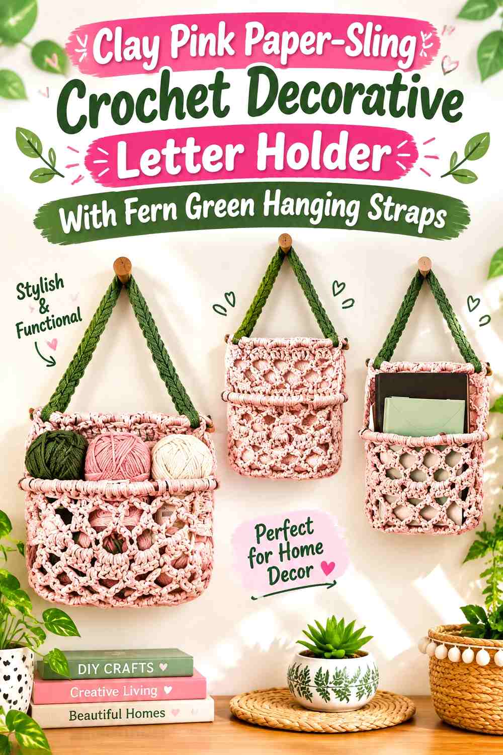 4. Clay Pink Paper Sling Crochet Decorative Letter Holder With Fern Green Hanging Straps