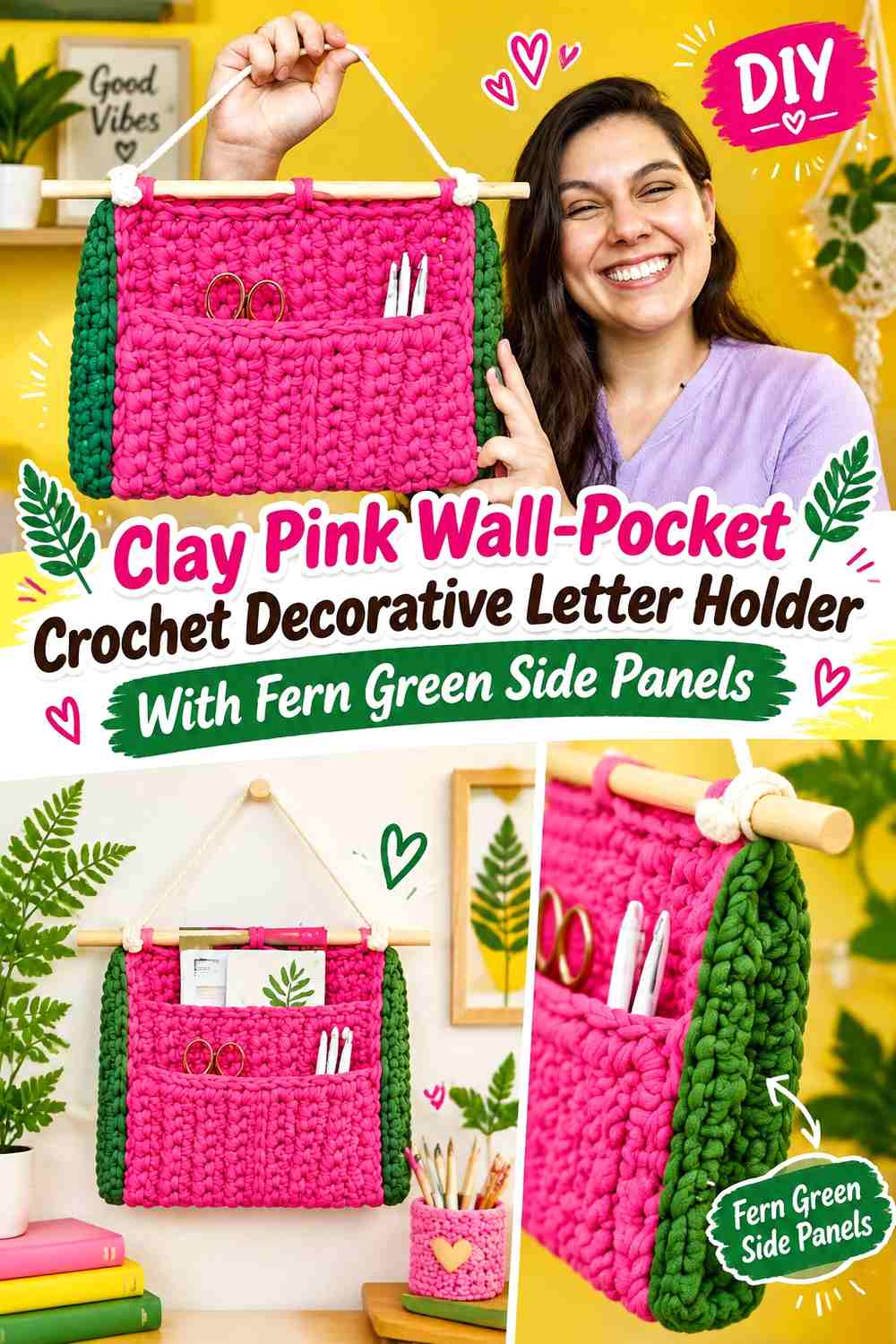 14. Clay Pink Wall Pocket Crochet Decorative Letter Holder With Fern Green Side Panels