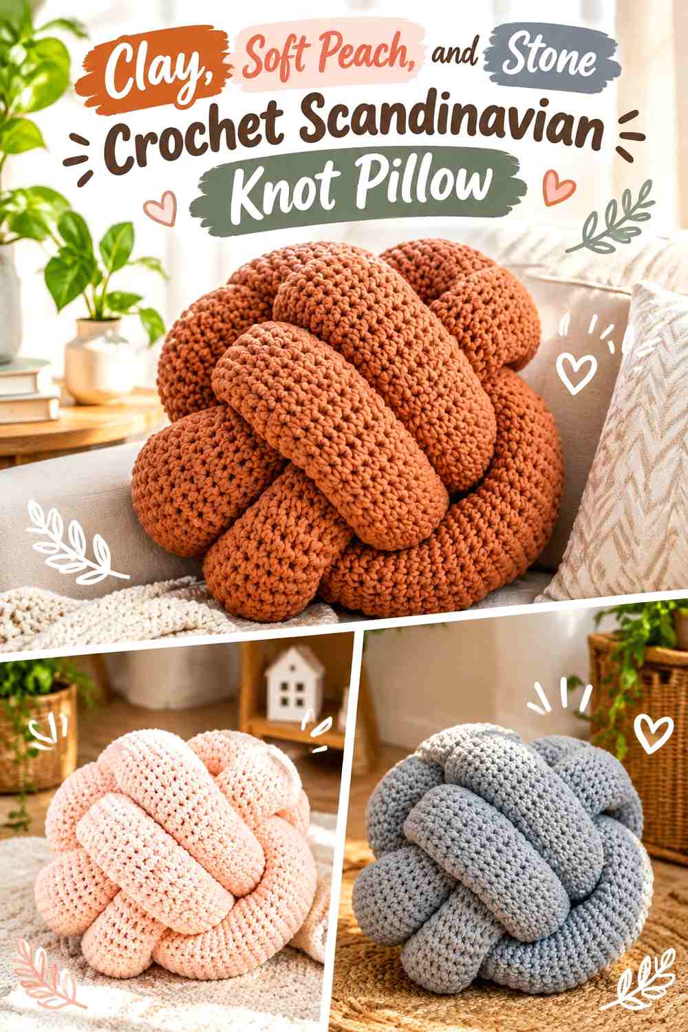 Clay, Soft Peach, and Stone Crochet Scandinavian Knot Pillow