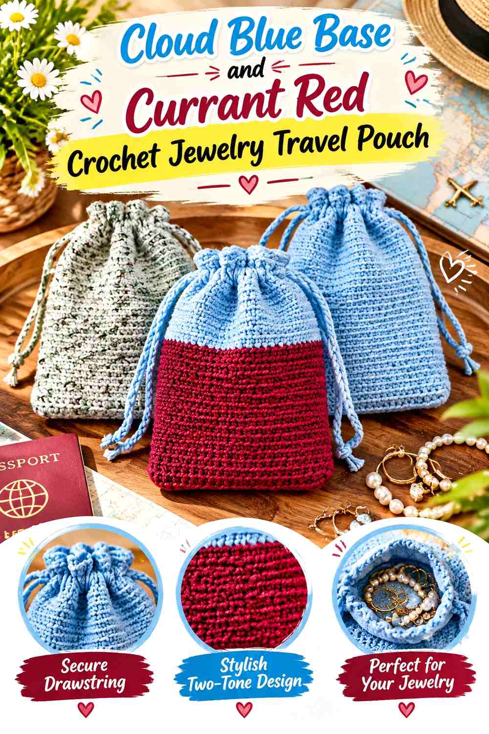 Cloud Blue Base and Currant Red Crochet Jewelry Travel Pouch