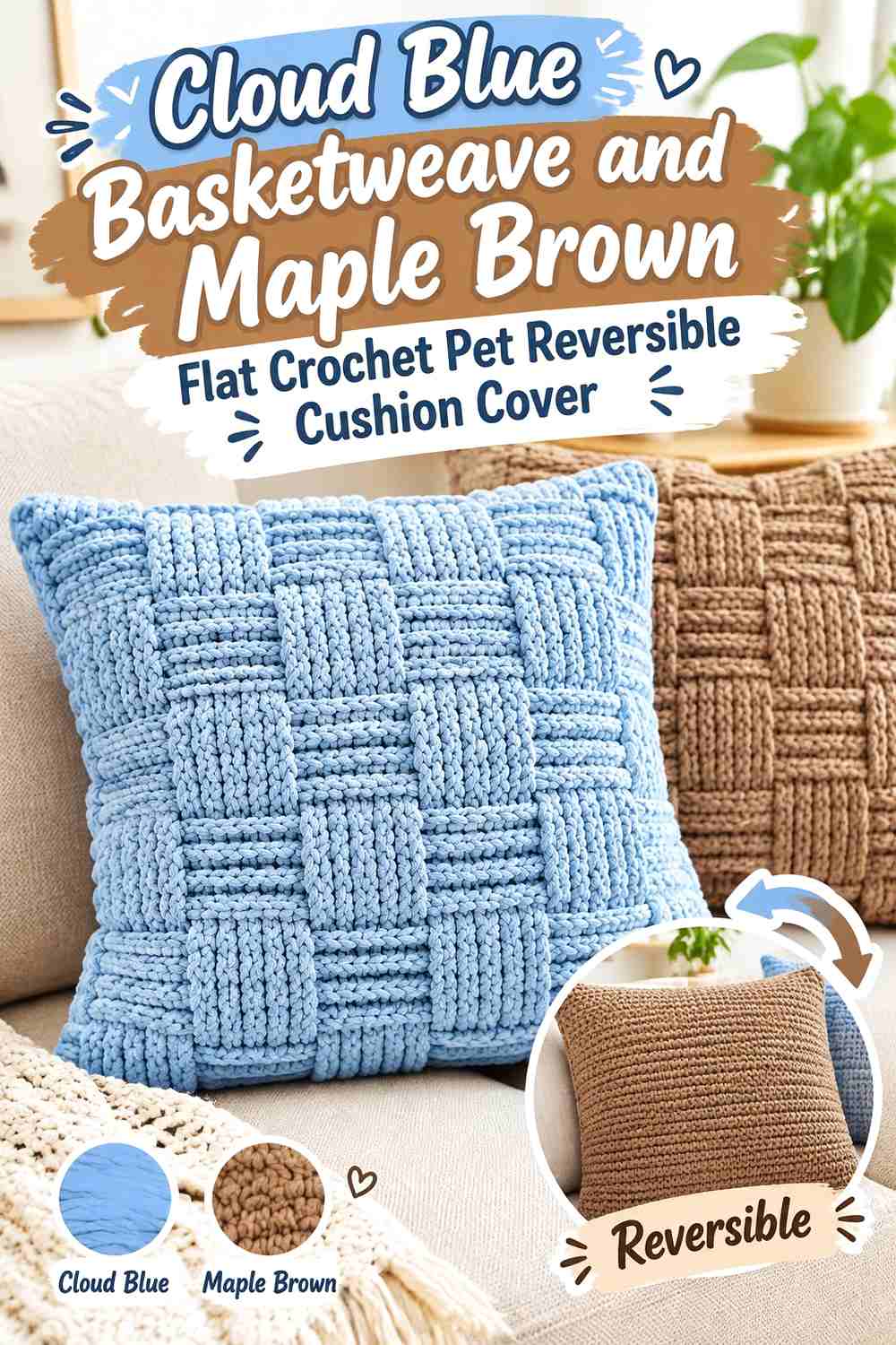 Cloud Blue Basketweave and Maple Brown Flat Crochet Pet Reversible Cushion Cover