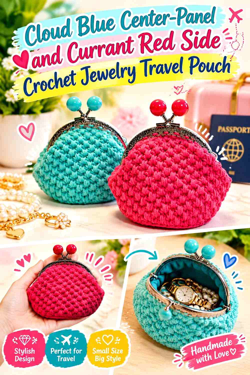 Cloud Blue Center Panel and Currant Red Side Crochet Jewelry Travel Pouch