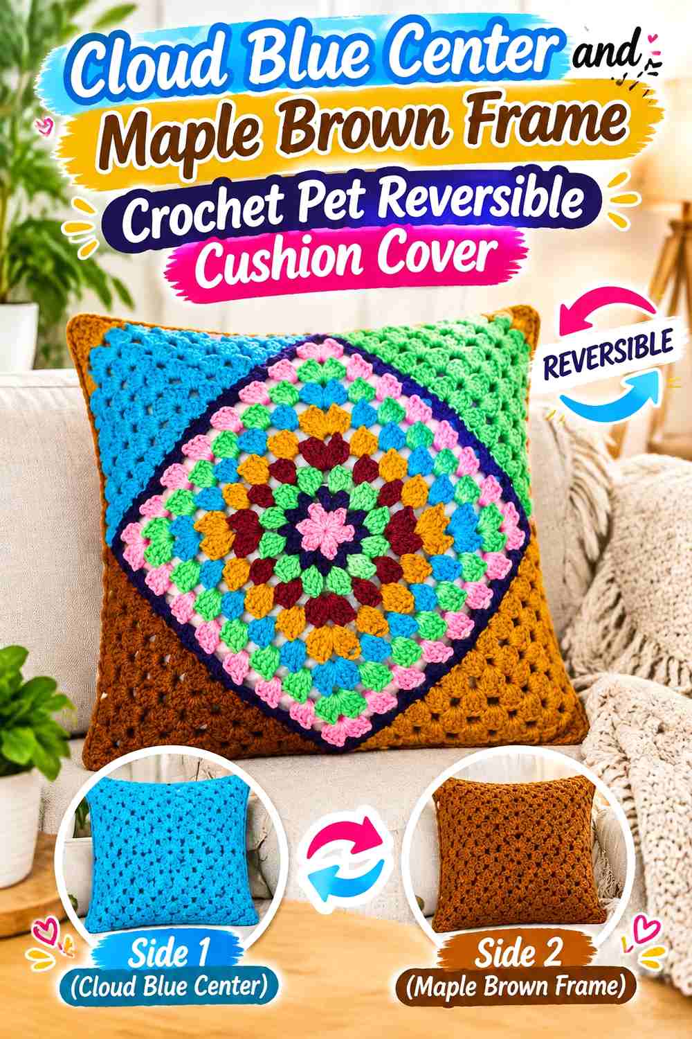 Cloud Blue Center and Maple Brown Frame Crochet Pet Reversible Cushion Cover