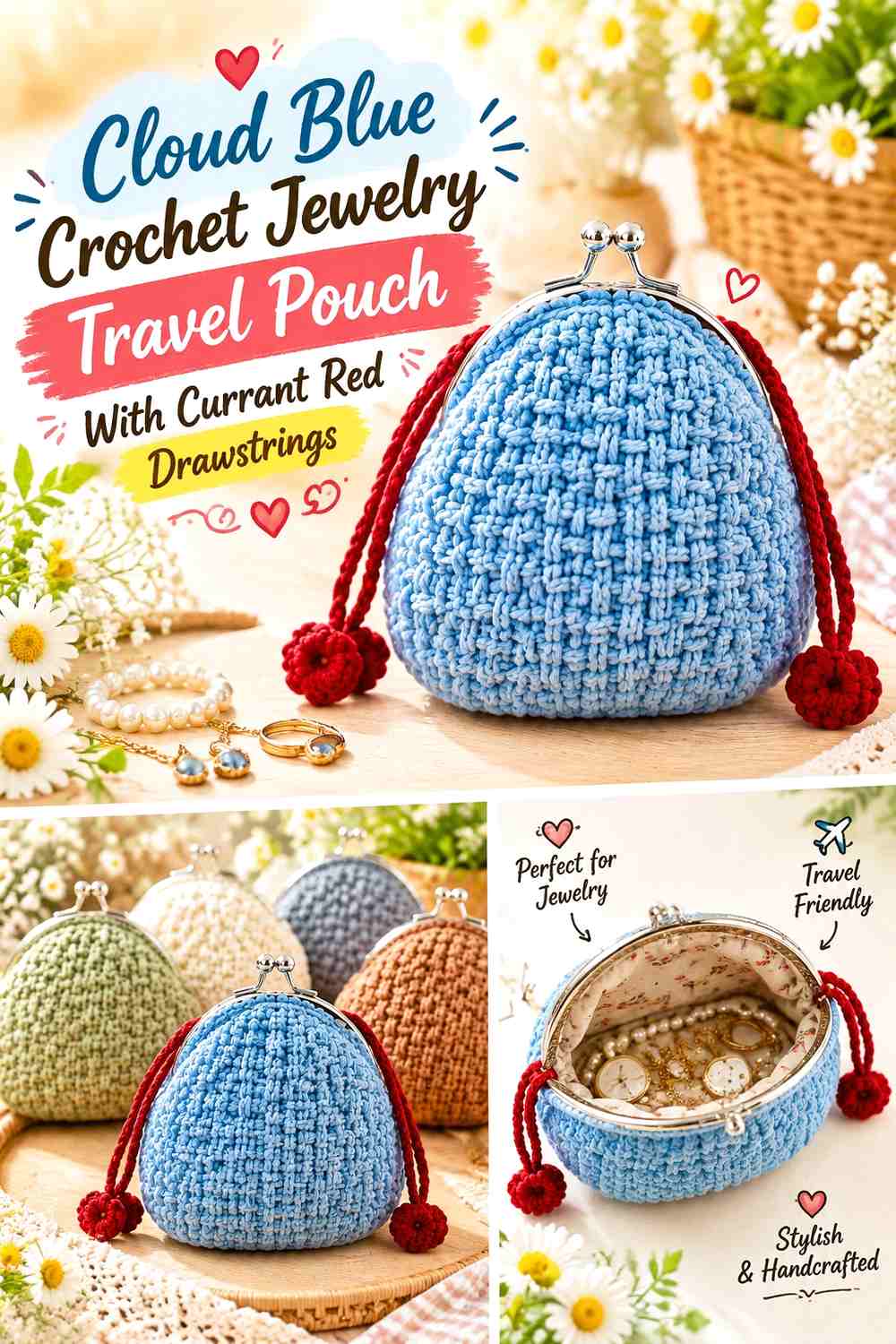 Cloud Blue Crochet Jewelry Travel Pouch With Currant Red Drawstrings