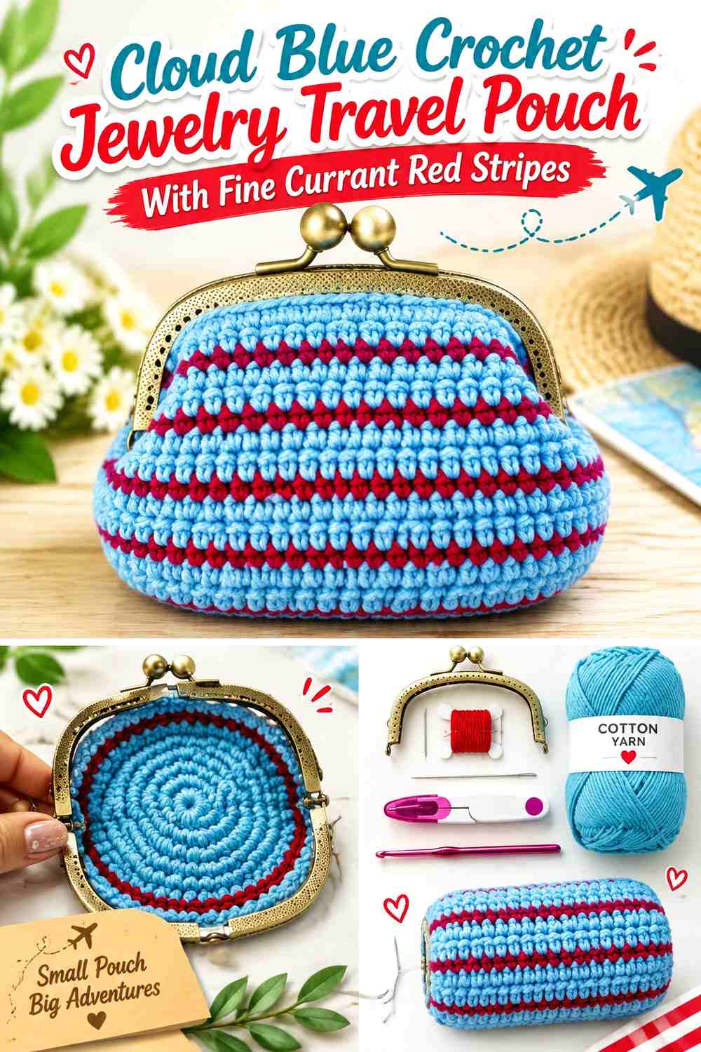 Cloud Blue Crochet Jewelry Travel Pouch With Fine Currant Red Stripes