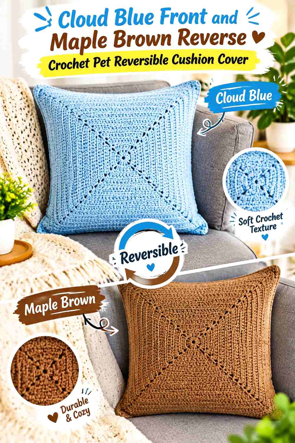 Cloud Blue Front and Maple Brown Reverse Crochet Pet Reversible Cushion Cover