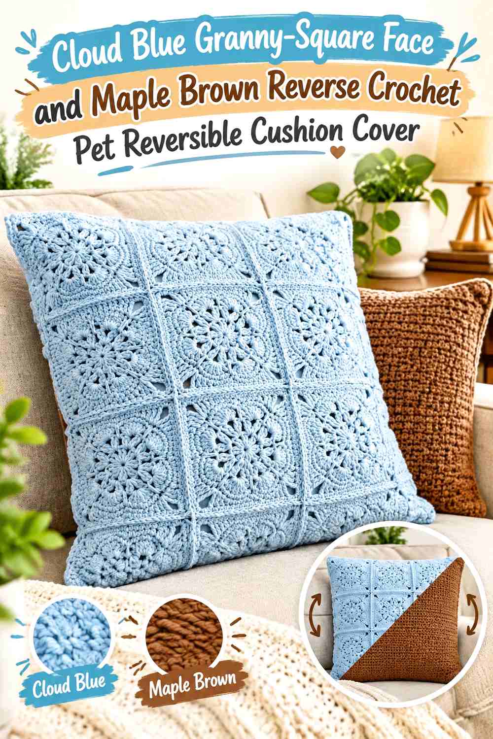Cloud Blue Granny-Square Face and Maple Brown Reverse Crochet Pet Reversible Cushion Cover