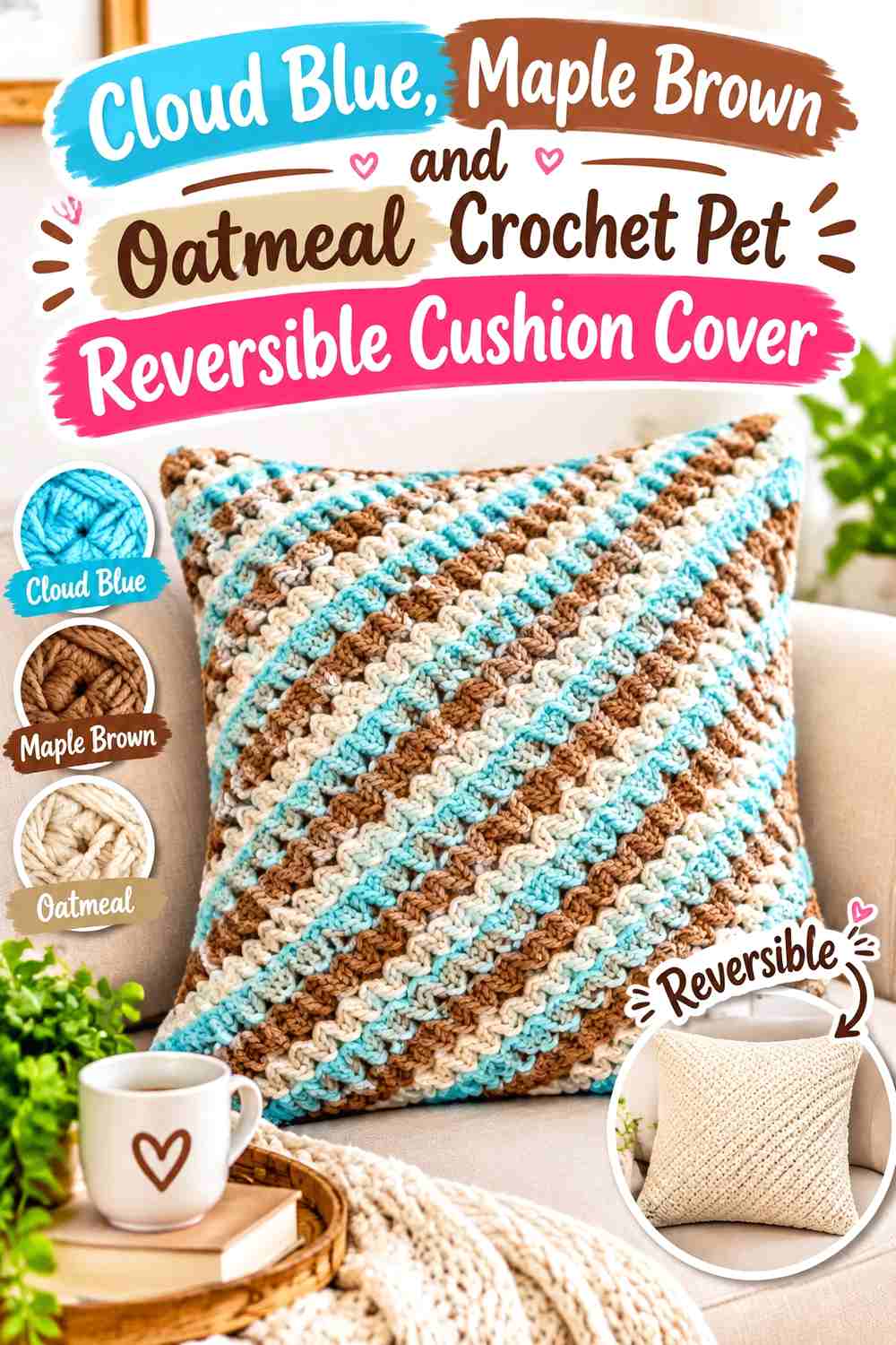 Cloud Blue, Maple Brown and Oatmeal Crochet Pet Reversible Cushion Cover
