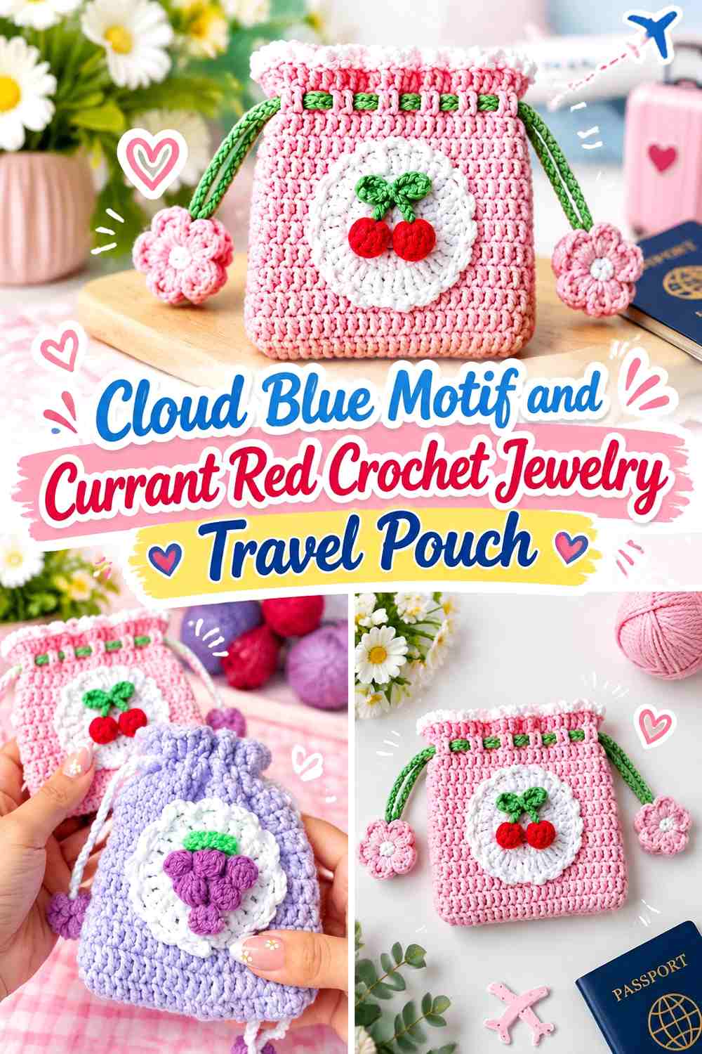Cloud Blue Motif and Currant Red Crochet Jewelry Travel Pouch