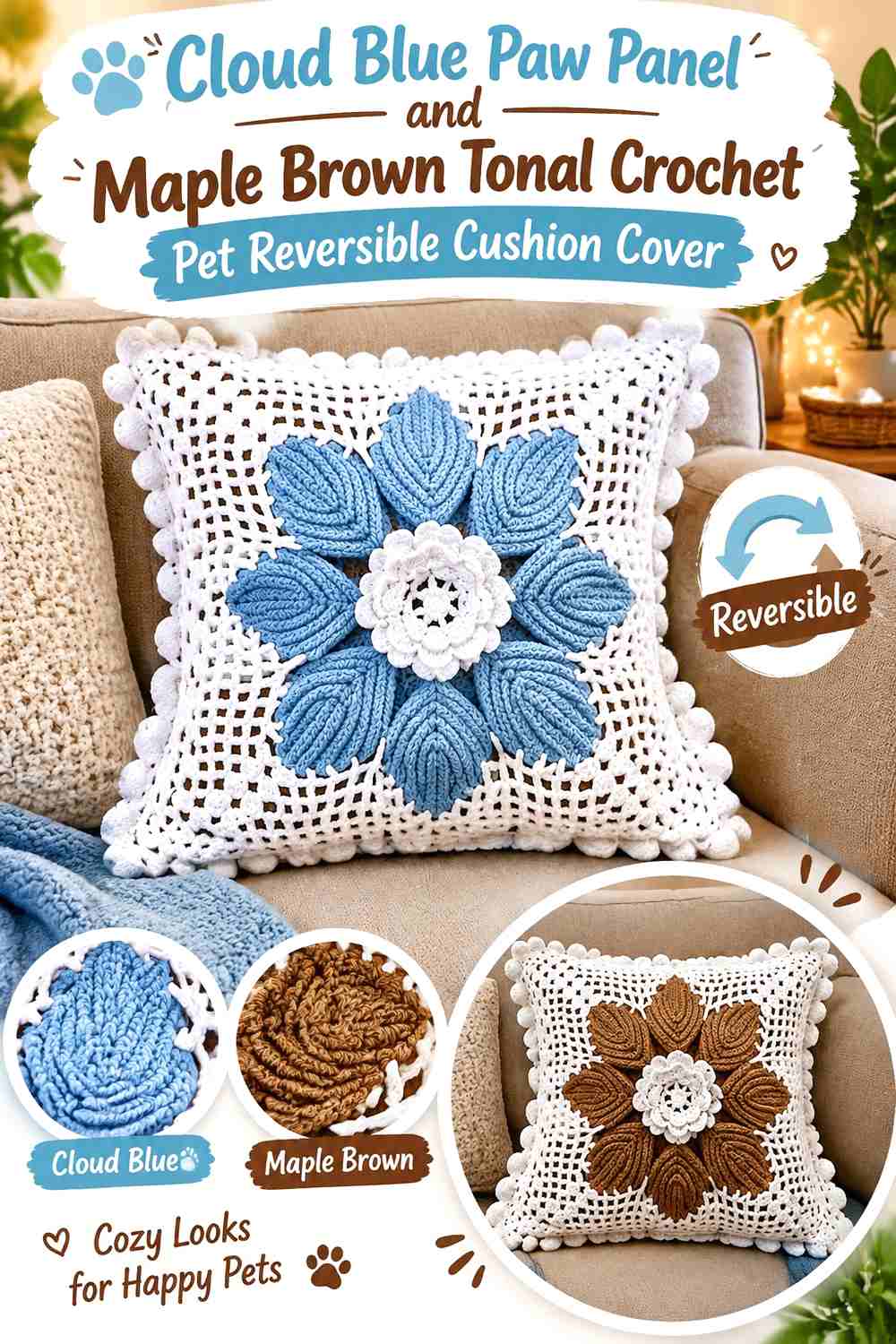 Cloud Blue Paw Panel and Maple Brown Tonal Crochet Pet Reversible Cushion Cover