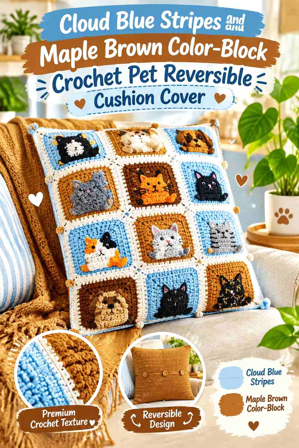 Cloud Blue Stripes and Maple Brown Color-Block Crochet Pet Reversible Cushion Cover