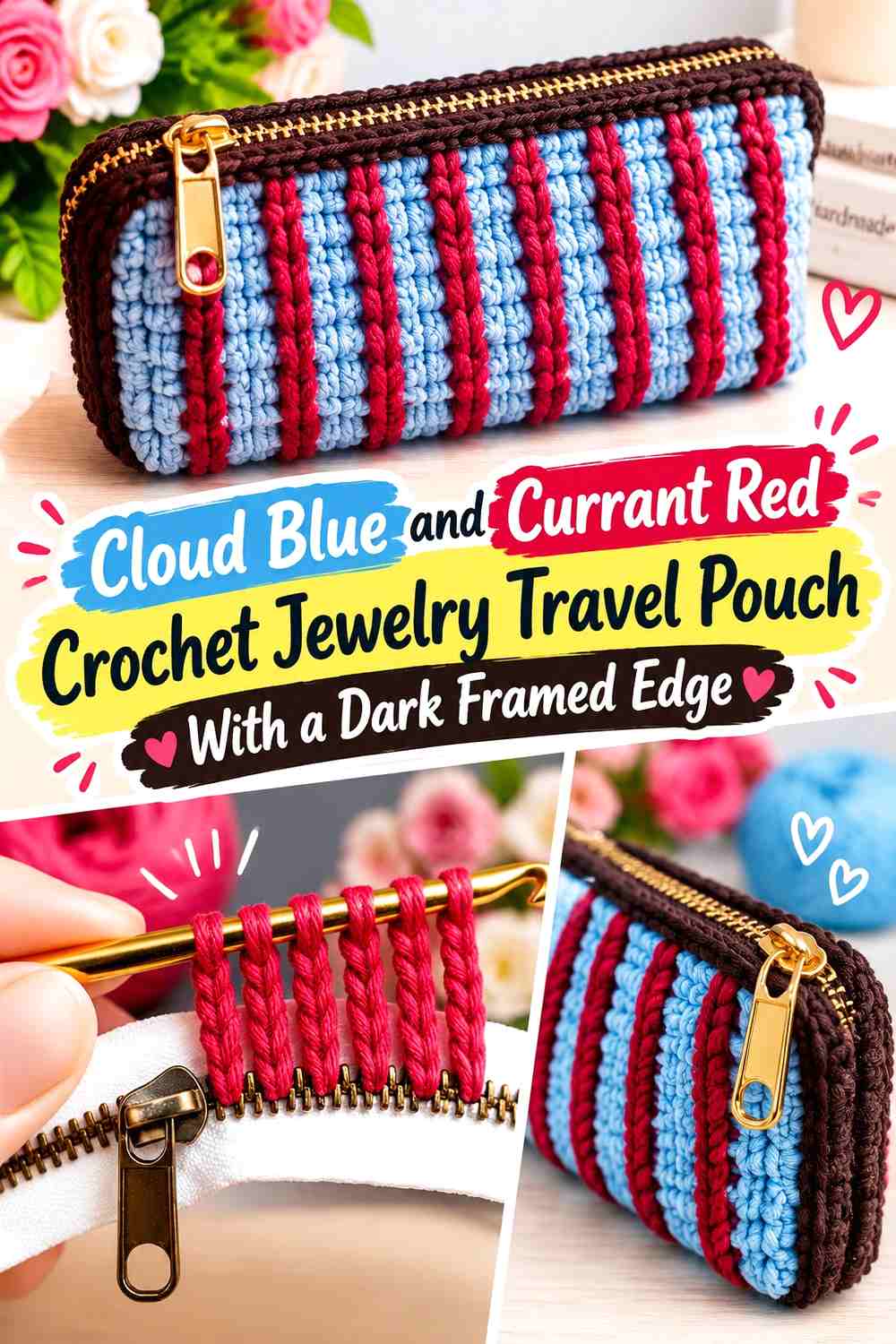 Cloud Blue and Currant Red Crochet Jewelry Travel Pouch With a Dark Framed Edge
