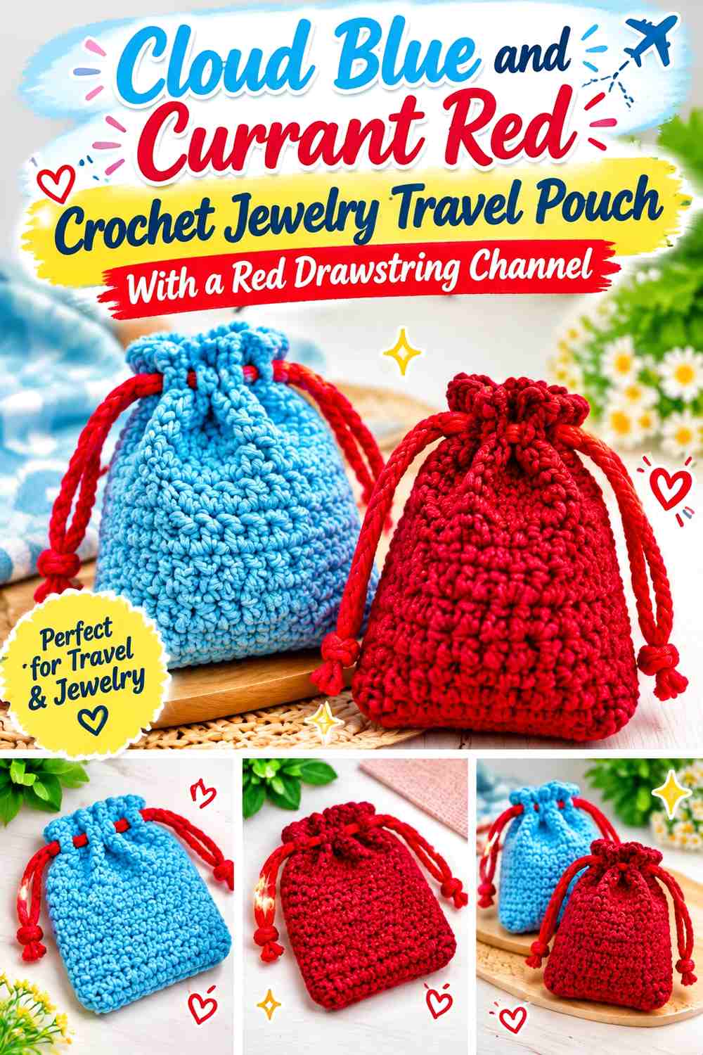 Cloud Blue and Currant Red Crochet Jewelry Travel Pouch With a Red Drawstring Channel