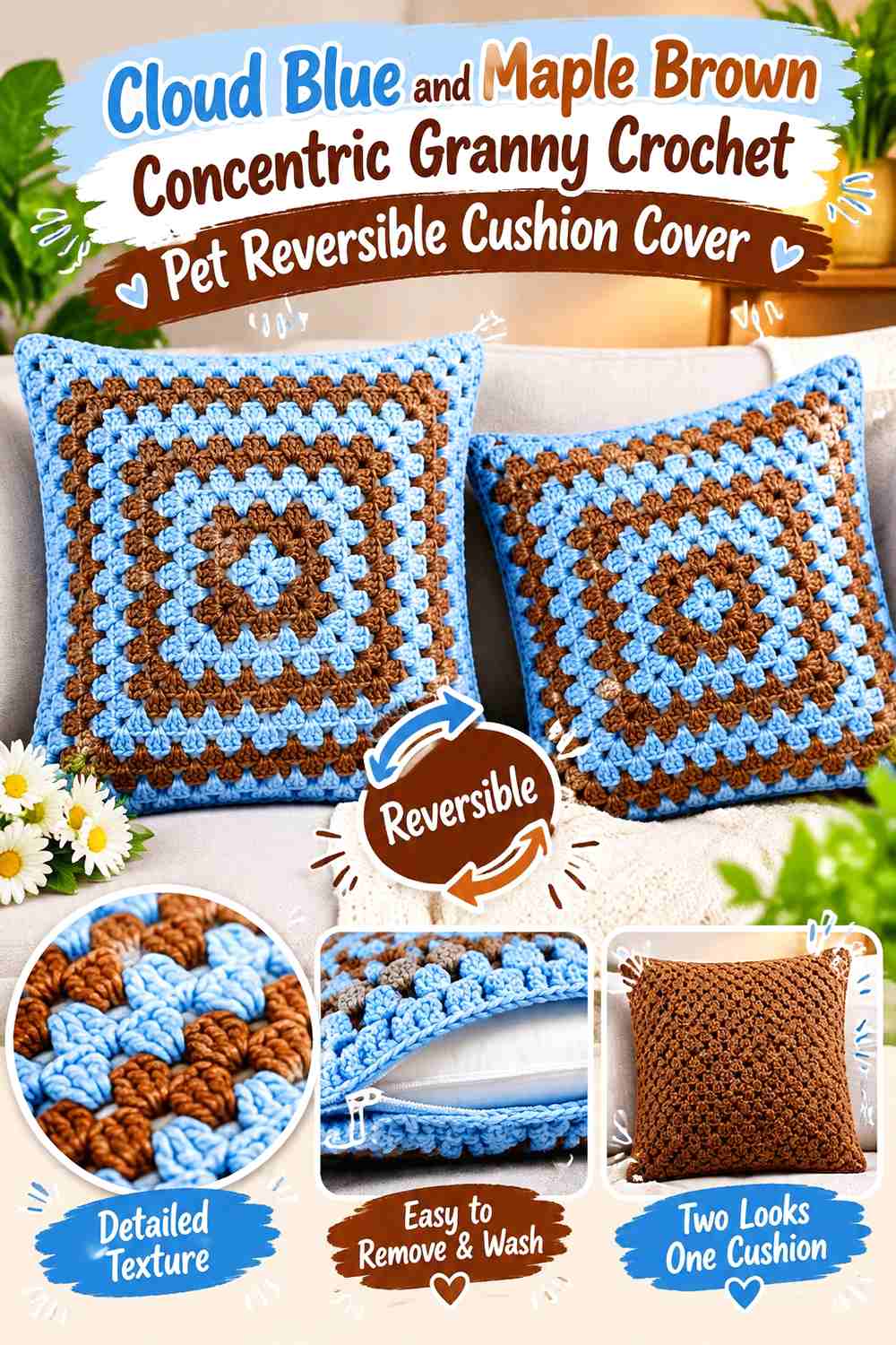 Cloud Blue and Maple Brown Concentric Granny Crochet Pet Reversible Cushion Cover