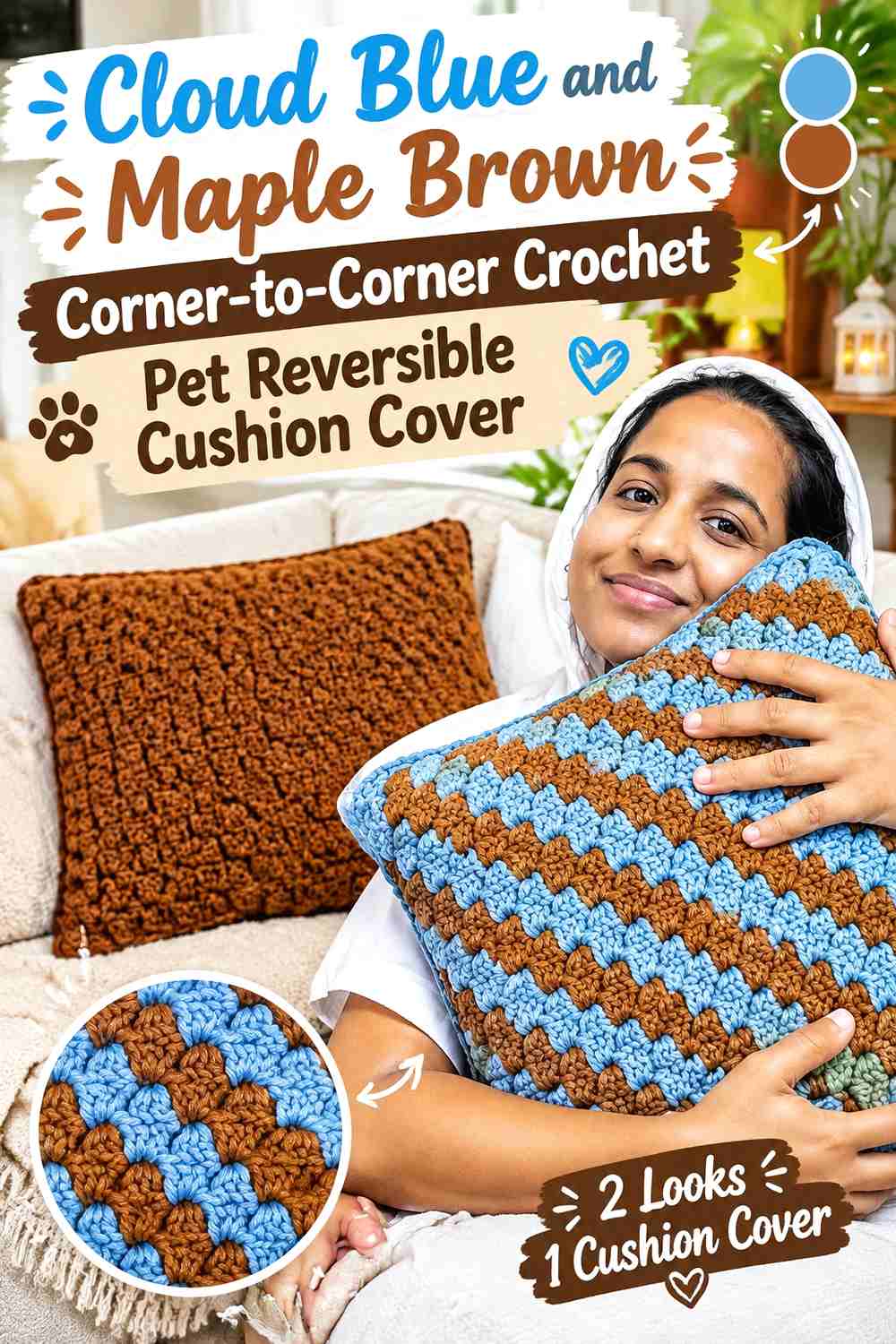 Cloud Blue and Maple Brown Corner-to-Corner Crochet Pet Reversible Cushion Cover