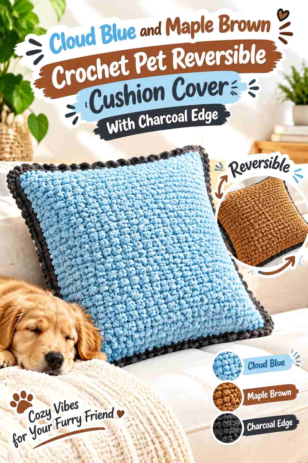 Cloud Blue and Maple Brown Crochet Pet Reversible Cushion Cover With Charcoal Edge