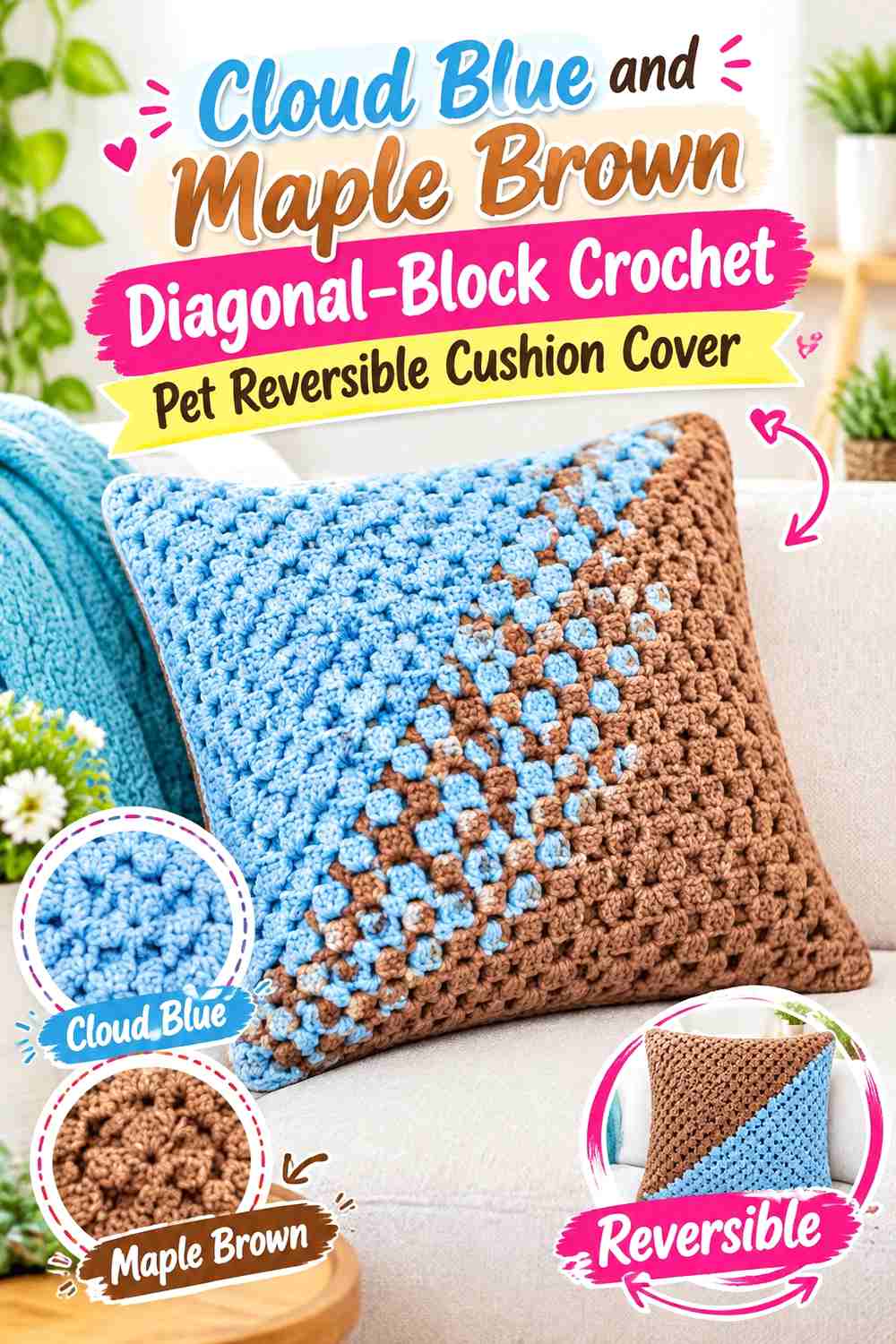 Cloud Blue and Maple Brown Diagonal-Block Crochet Pet Reversible Cushion Cover