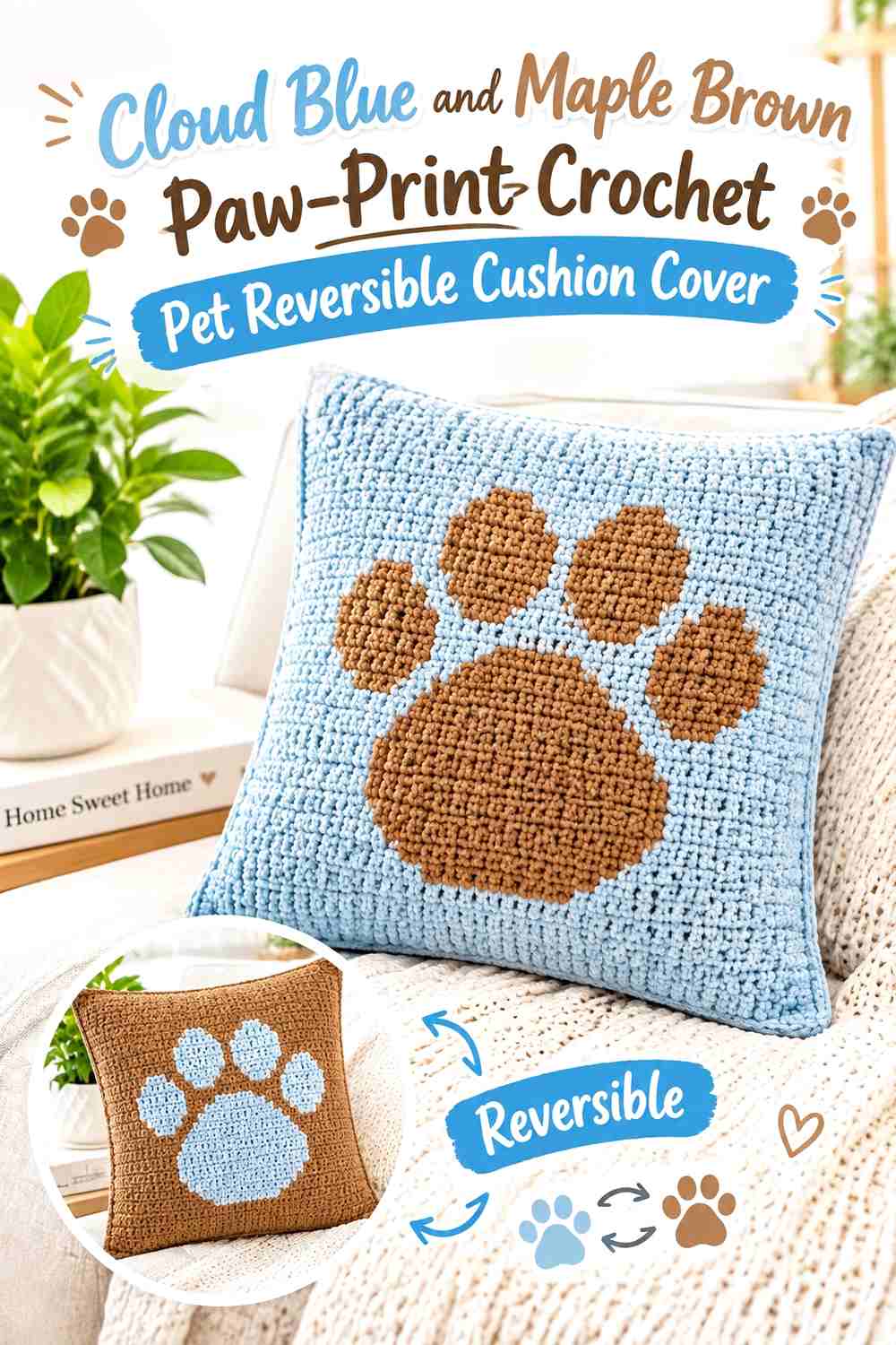 Cloud Blue and Maple Brown Paw-Print Crochet Pet Reversible Cushion Cover