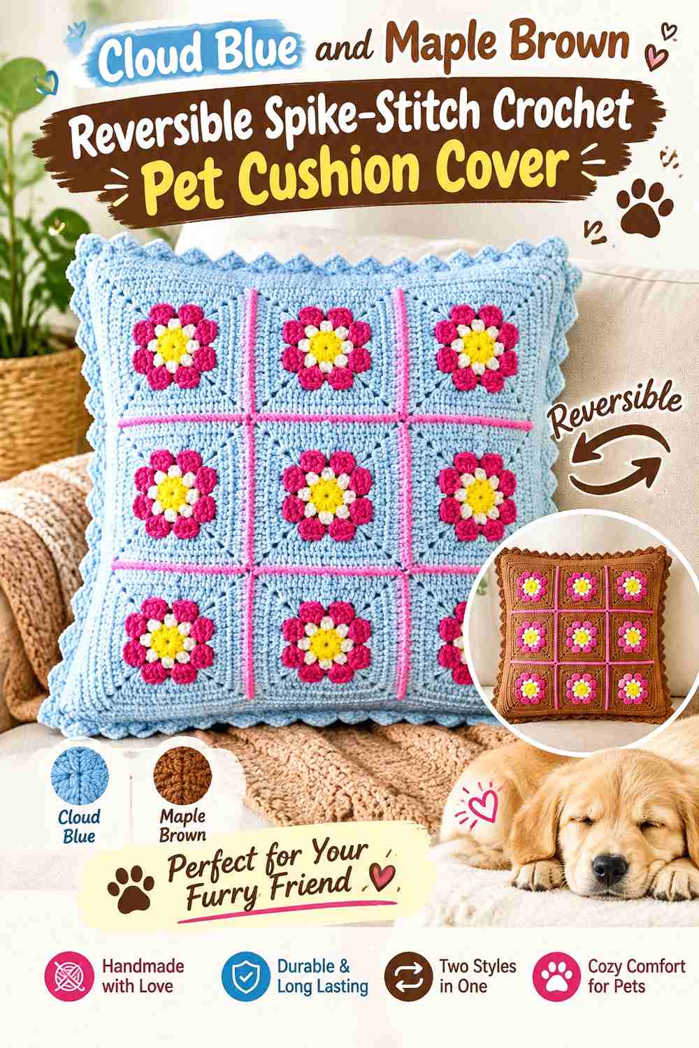 Cloud Blue and Maple Brown Reversible Spike-Stitch Crochet Pet Cushion Cover