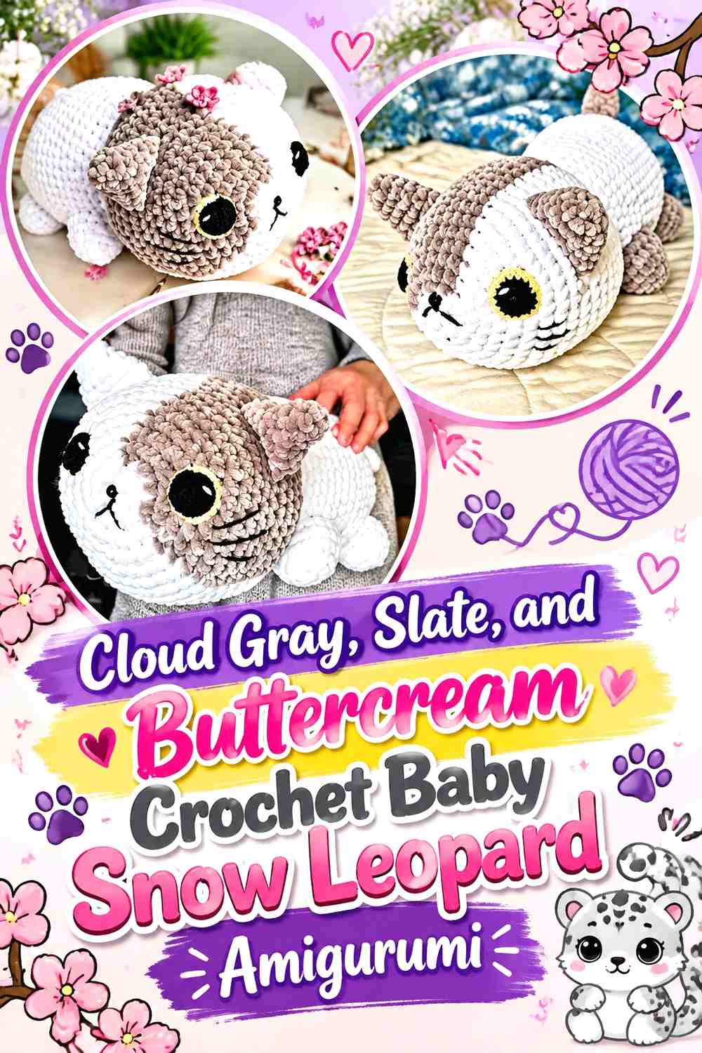 Cloud Gray, Slate, and Buttercream Crochet Baby Snow Leopard Amigurumi
