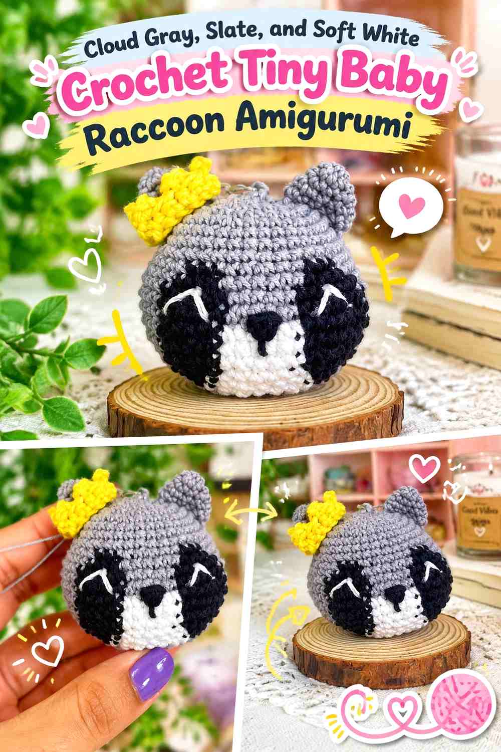 Cloud Gray, Slate, and Soft White Crochet Tiny Baby Raccoon Amigurumi