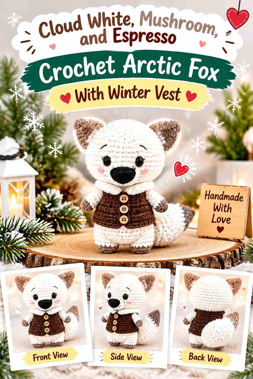 Cloud White, Mushroom, and Espresso Crochet Arctic Fox With Winter Vest
