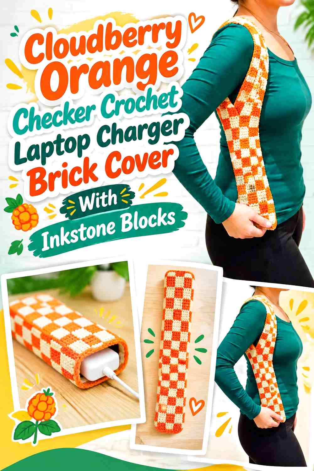Cloudberry Orange Checker Crochet Laptop Charger Brick Cover With Inkstone Blocks