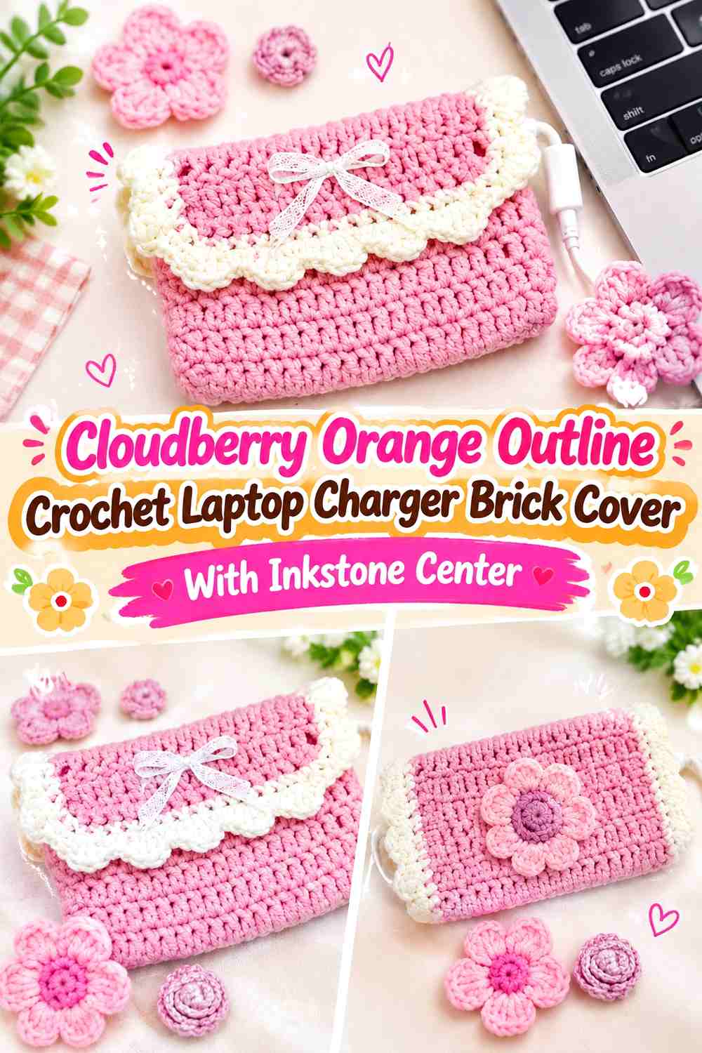 Cloudberry Orange Outline Crochet Laptop Charger Brick Cover With Inkstone Center