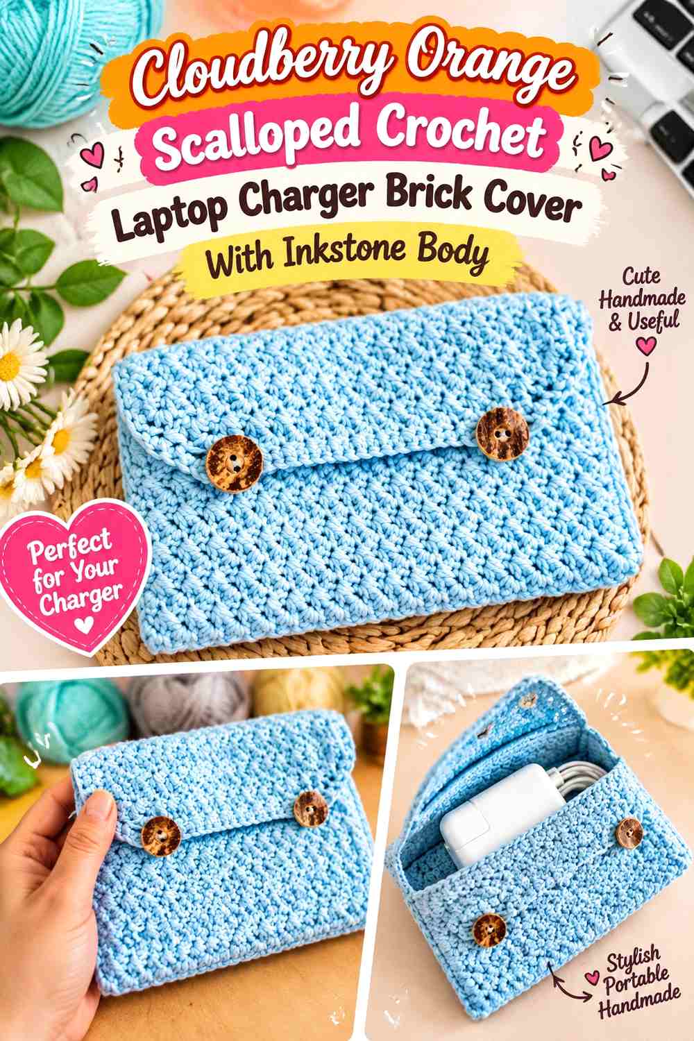 Cloudberry Orange Scalloped Crochet Laptop Charger Brick Cover With Inkstone Body