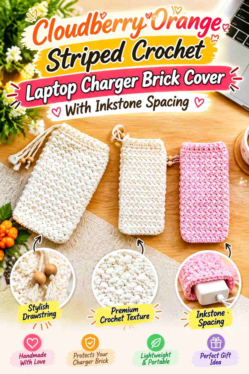Cloudberry Orange Striped Crochet Laptop Charger Brick Cover With Inkstone Spacing