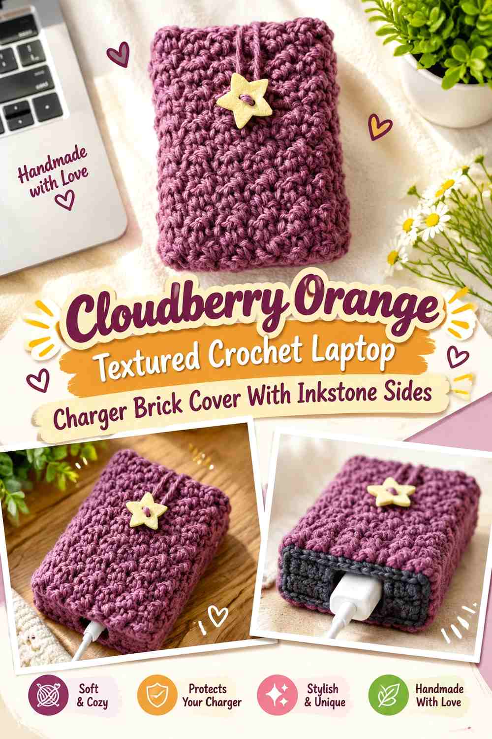 Cloudberry Orange Textured Crochet Laptop Charger Brick Cover With Inkstone Sides