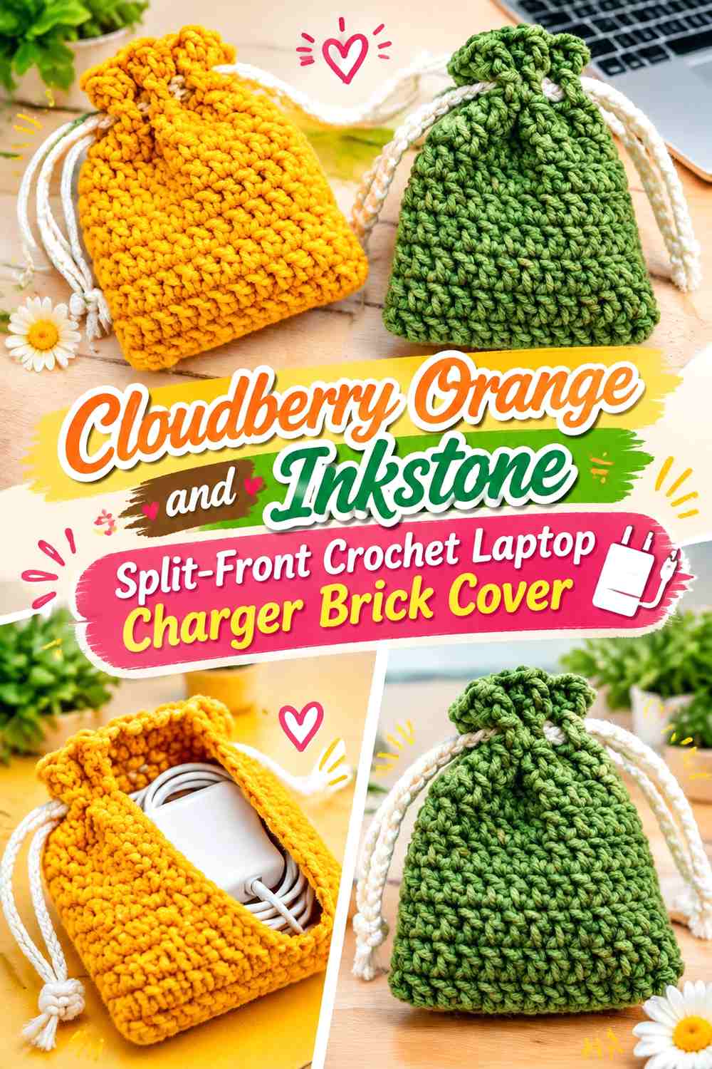 Cloudberry Orange and Inkstone Split-Front Crochet Laptop Charger Brick Cover