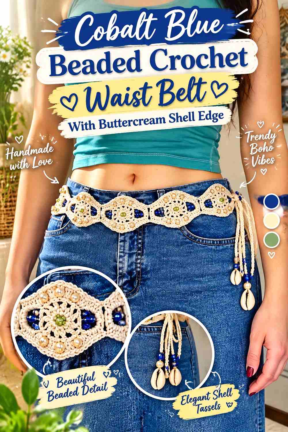 10. Cobalt Blue Beaded Crochet Waist Belt With Buttercream Shell Edge