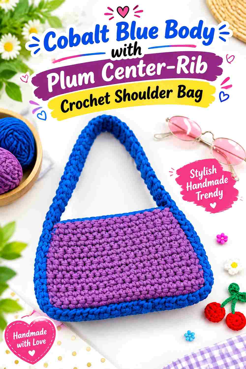 1. Cobalt Blue Body With Plum Center Rib Crochet Shoulder Bag