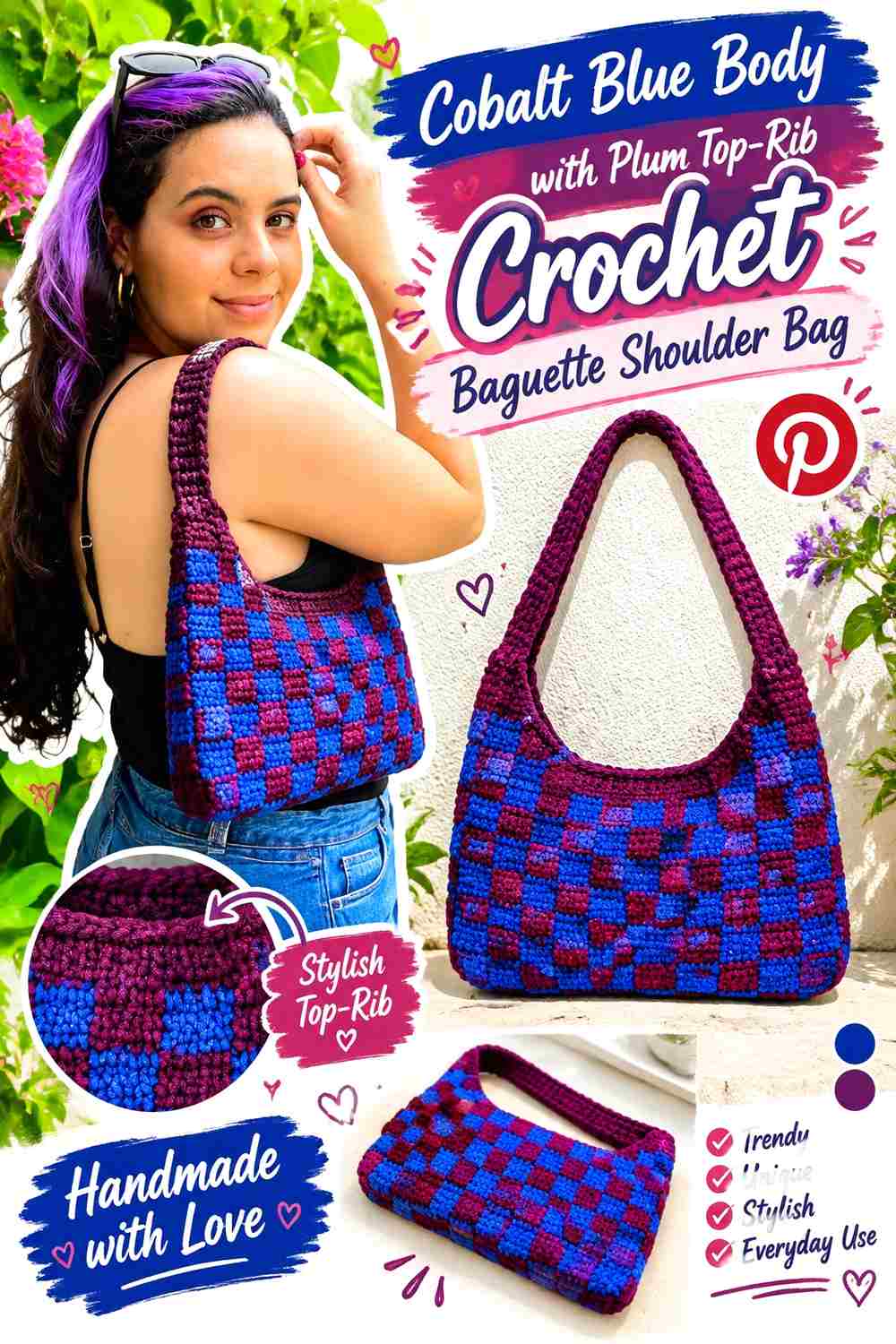 11. Cobalt Blue Body With Plum Top Rib Crochet Baguette Shoulder Bag