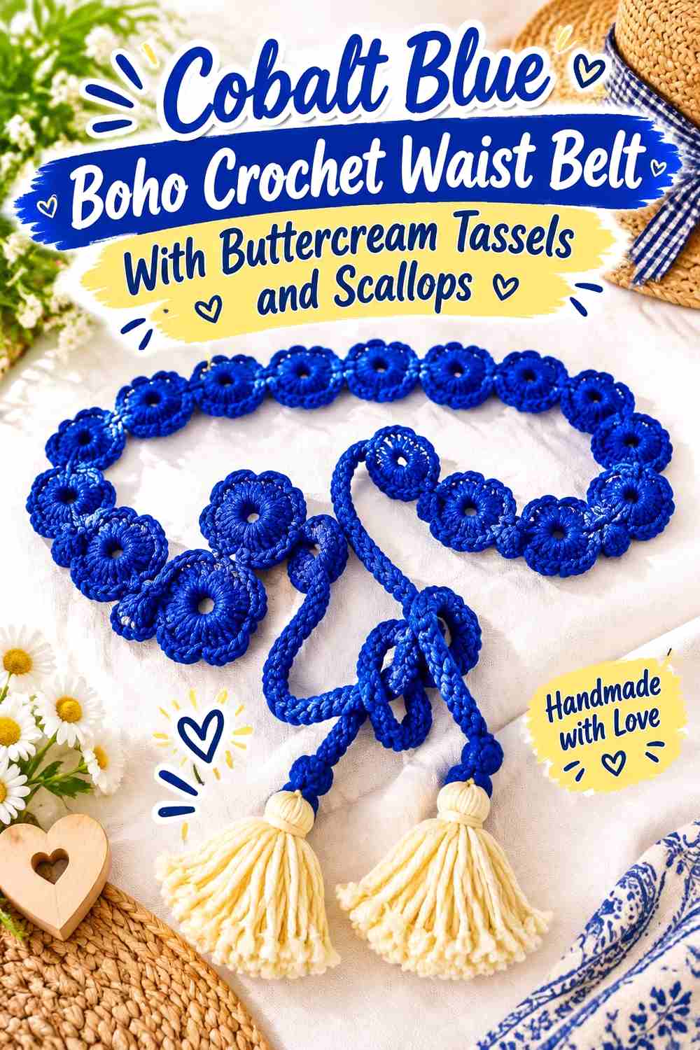 7. Cobalt Blue Boho Crochet Waist Belt With Buttercream Tassels And Scallops