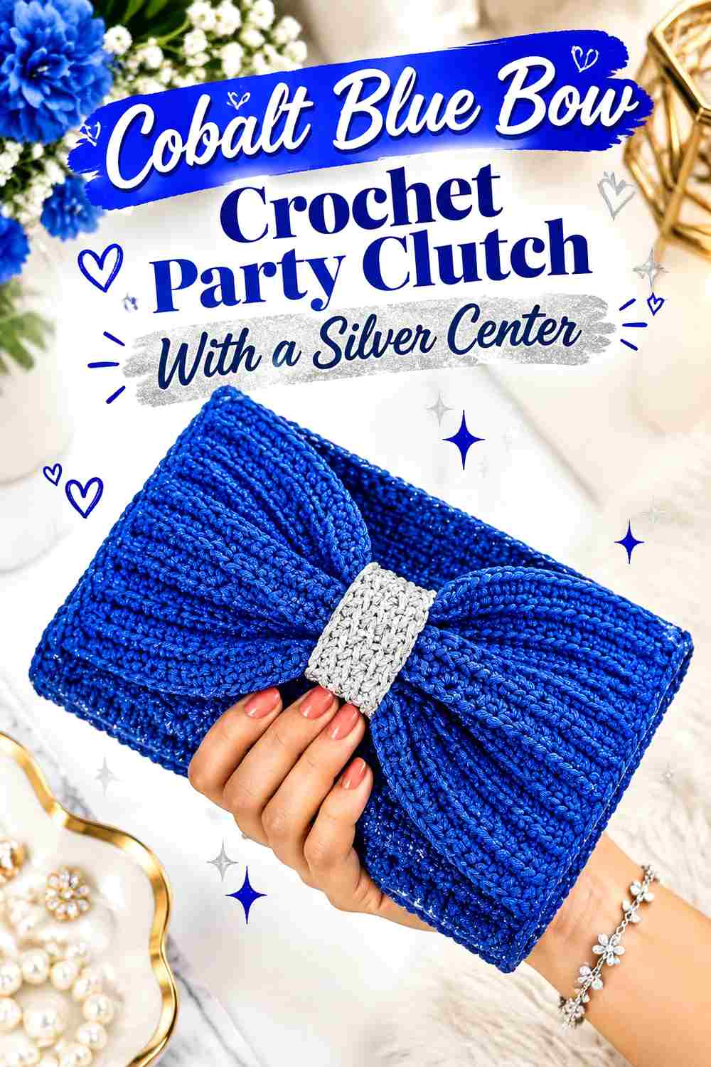 2. Cobalt Blue Bow Crochet Party Clutch With A Silver Center