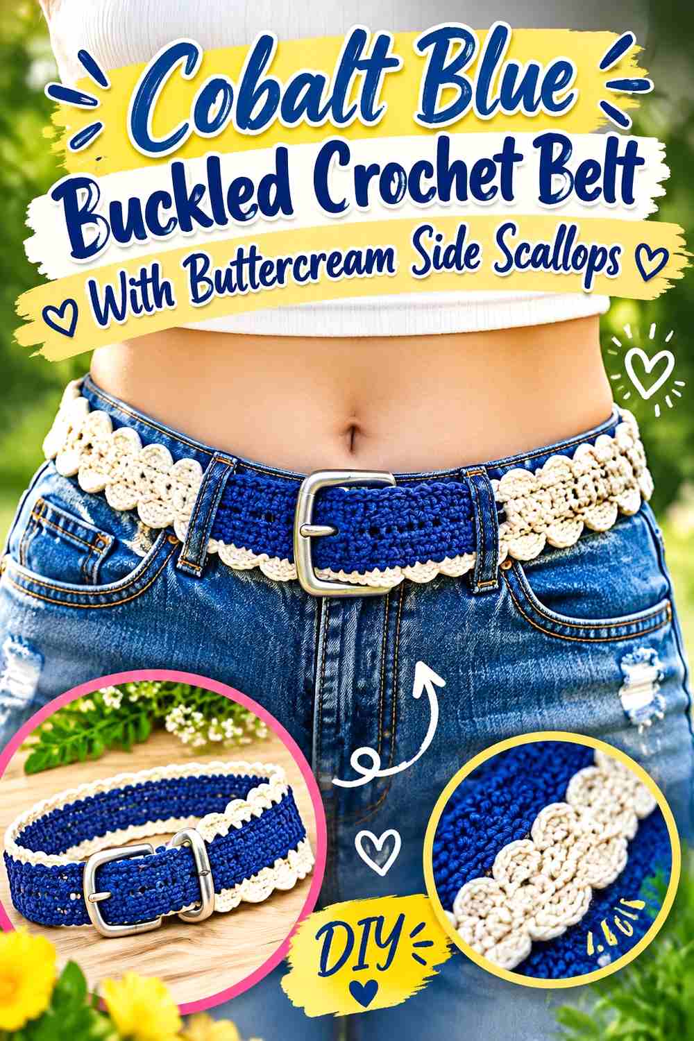 5. Cobalt Blue Buckled Crochet Belt With Buttercream Side Scallops