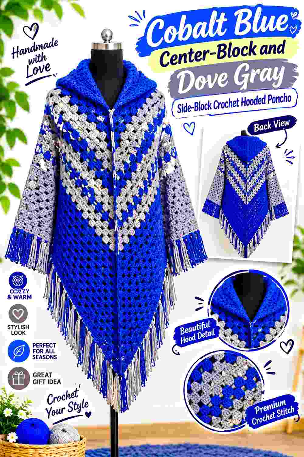 11. Cobalt Blue Center Block And Dove Gray Side Block Crochet Hooded Poncho