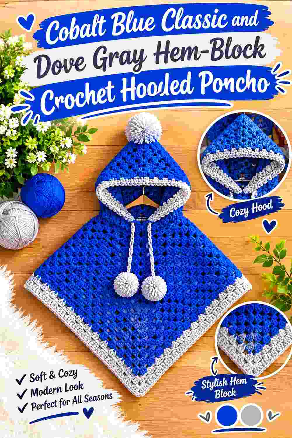 3. Cobalt Blue Classic And Dove Gray Hem Block Crochet Hooded Poncho