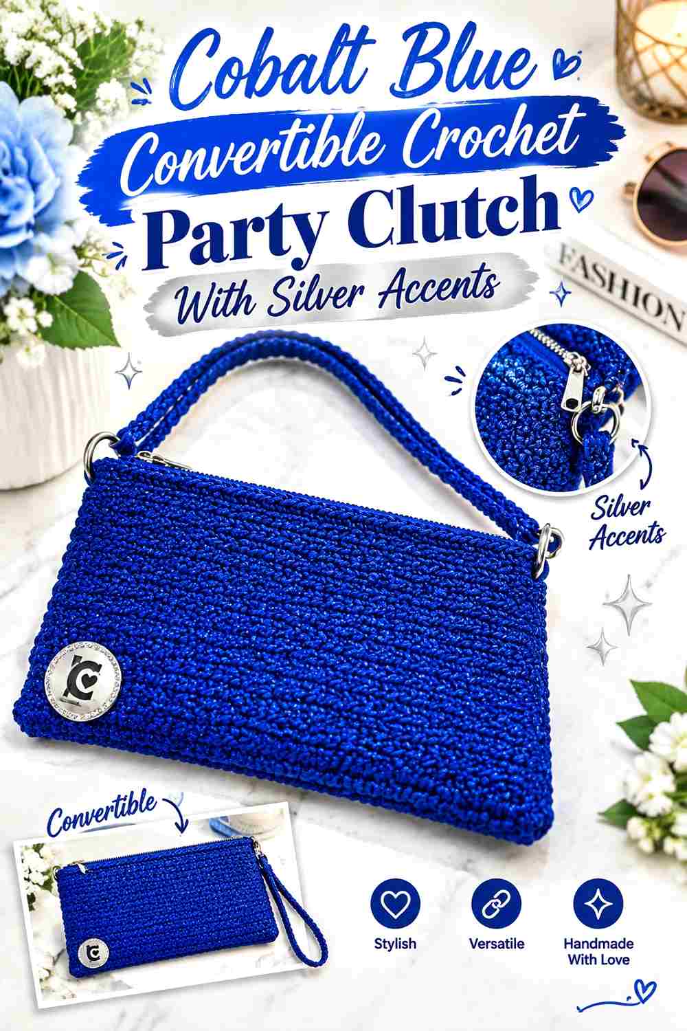 5. Cobalt Blue Convertible Crochet Party Clutch With Silver Accents