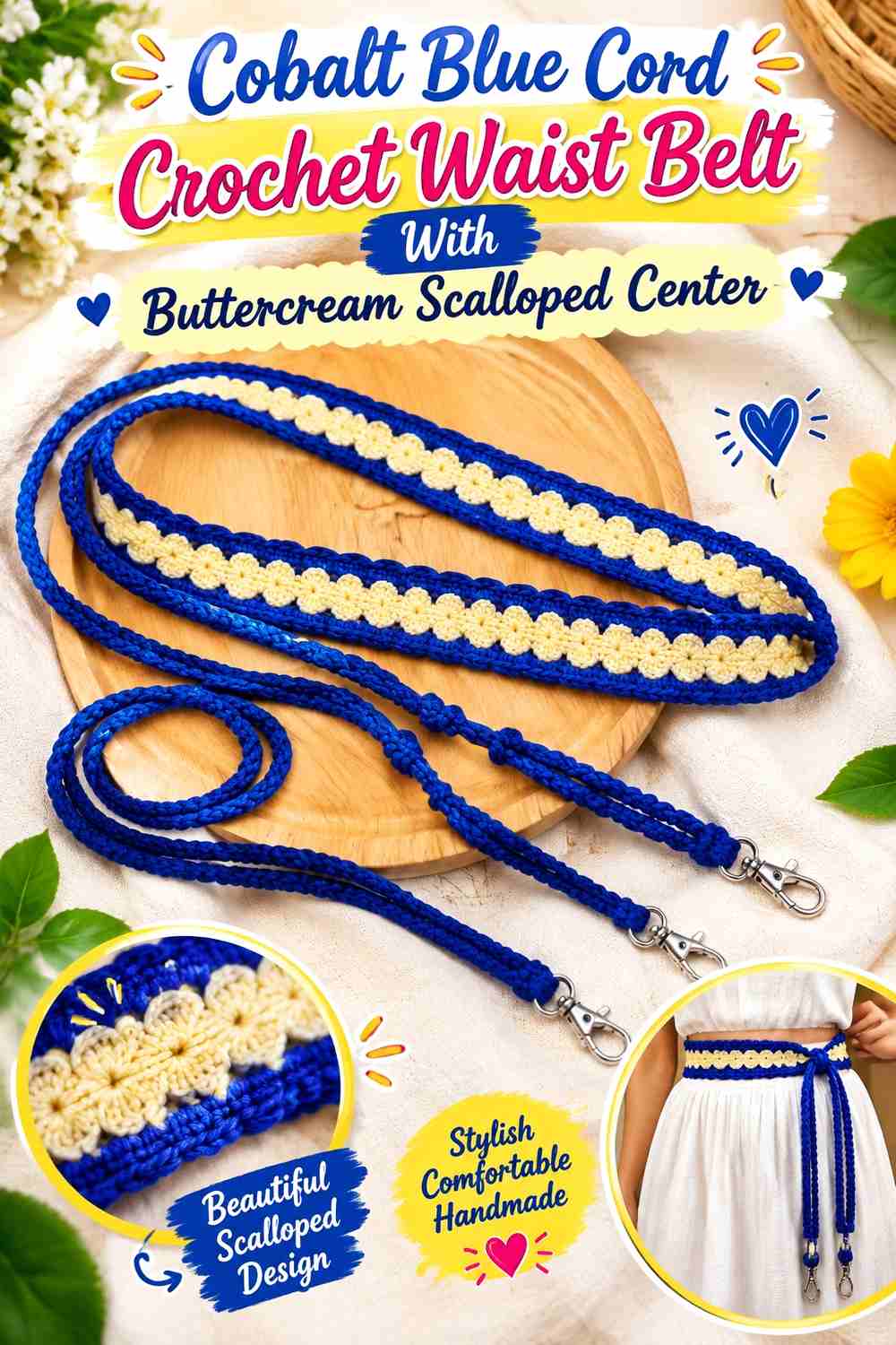 13. Cobalt Blue Cord Crochet Waist Belt With Buttercream Scalloped Center